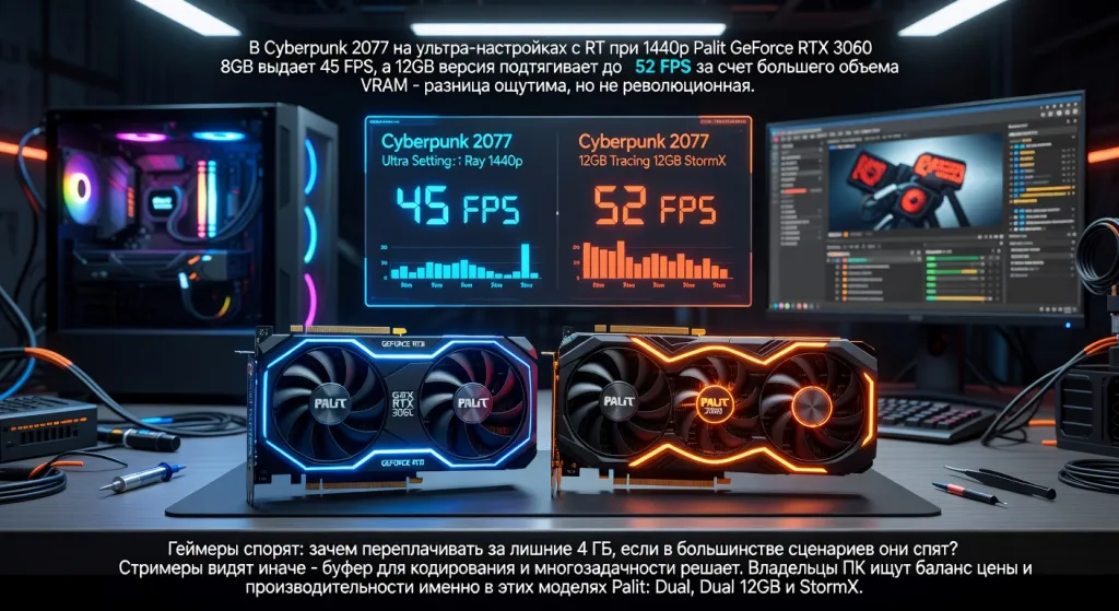 Palit GeForce RTX 3060 12 ГБ vs 8 ГБ: разница в производительности и цене — разбор для геймеров, стримеров и владельцев ПК